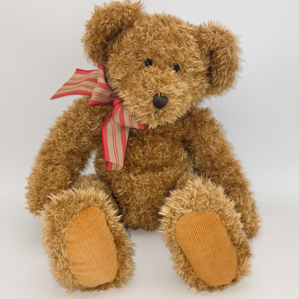 Russ Berrie Spencer Teddy Bear Brown Shaggy Plush Corduroy Feet Striped Bow70343
